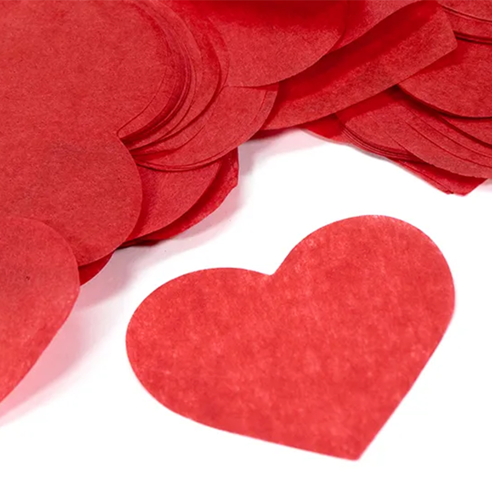 Custom Pro Fetti, Streamers, & Confetti Machines 14 Custom Heart Pro Fetti in a pile with one set out in front. Background for the Hero text on the page.